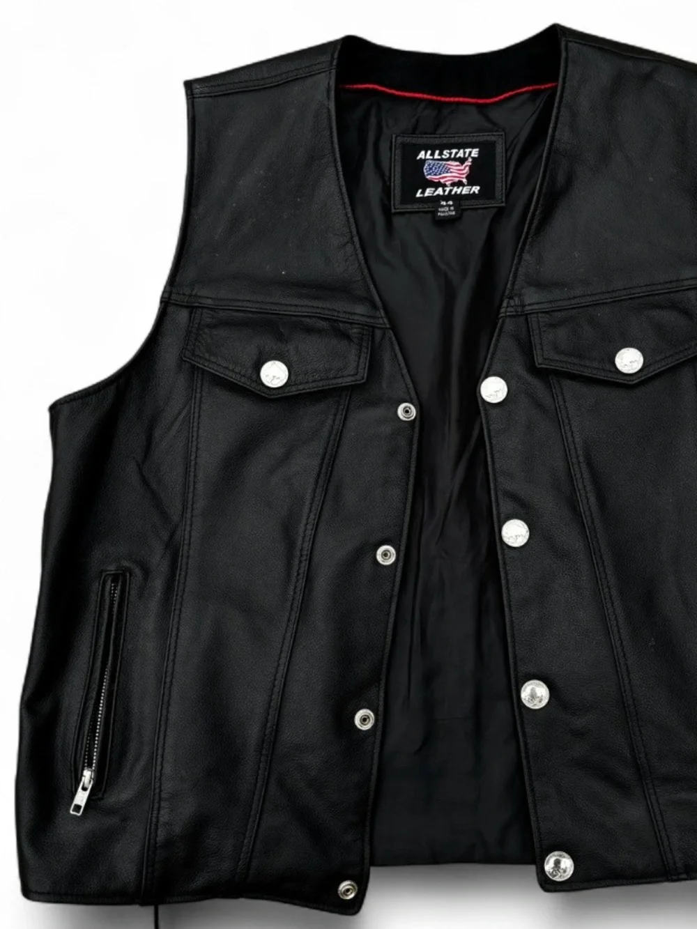 ALLSTATE LEATHER Black Leather Denim Style Biker Motorcycle Vest Size 44